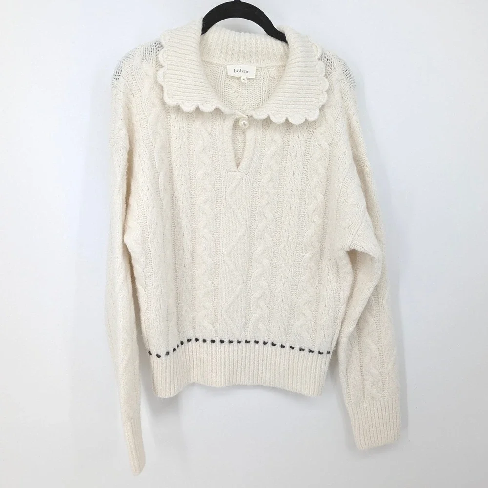 bohme Coquette Sweater Women XL Ivory Cable Knit Scalloped Pearl Button Grandma